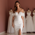 Sophisticated White A-Line Wedding Dress with Sheer Sleeves and a Flowing Train