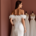 Sophisticated White A-Line Wedding Dress with Sheer Sleeves and a Flowing Train