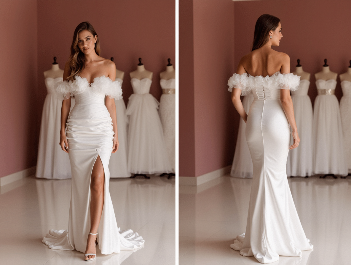 Sophisticated White A-Line Wedding Dress with Sheer Sleeves and a Flowing Train