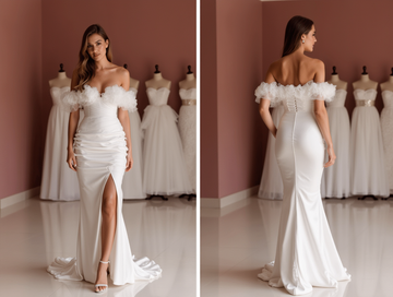 Sophisticated White A-Line Wedding Dress with Sheer Sleeves and a Flowing Train