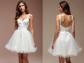 Playful White Mini Short Wedding Dress with a Floral Appliqué Skirt for a Romantic Feel