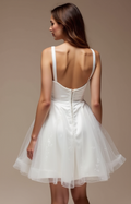Playful White Mini Short Wedding Dress with a Floral Appliqué Skirt for a Romantic Feel