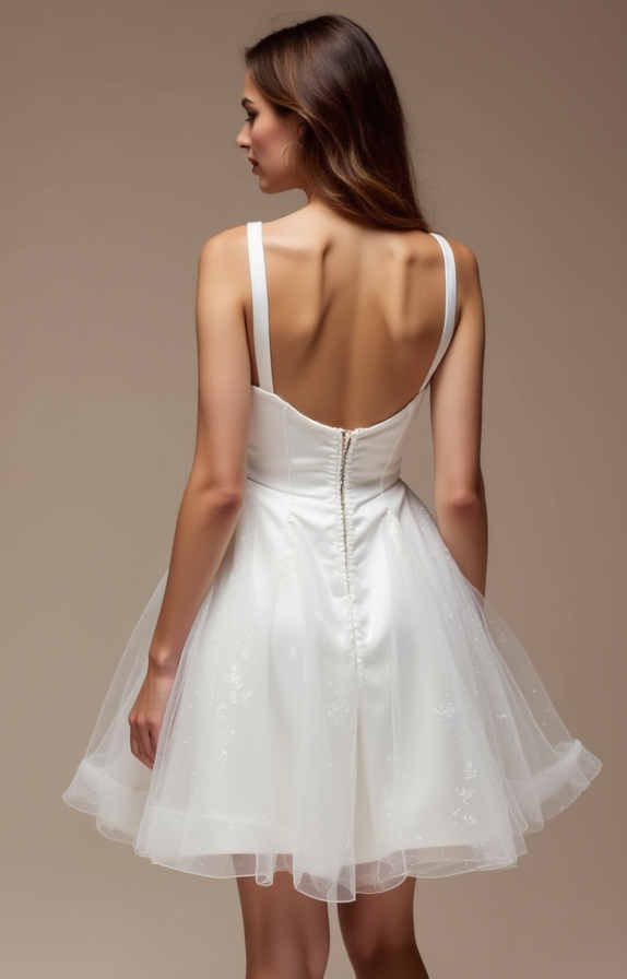 Playful White Mini Short Wedding Dress with a Floral Appliqué Skirt for a Romantic Feel