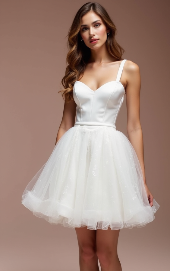 Playful White Mini Short Wedding Dress with a Floral Appliqué Skirt for a Romantic Feel