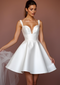 Elegant White Mini Short Wedding Dress with an Illusion Neckline for a Subtle Sexy Look