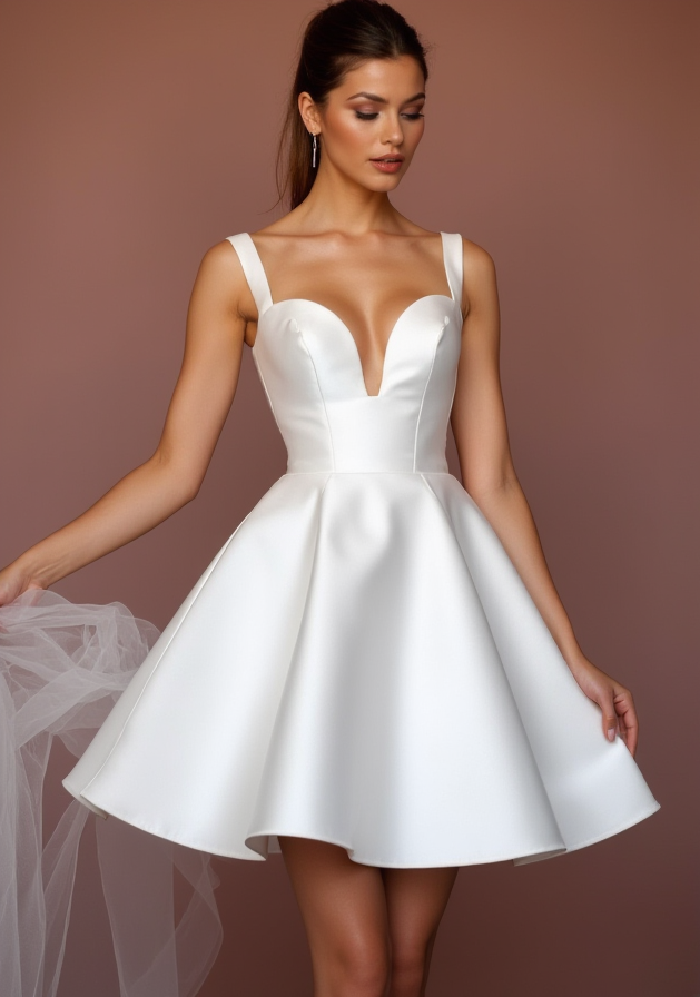 Elegant White Mini Short Wedding Dress with an Illusion Neckline for a Subtle Sexy Look