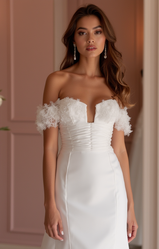 Boho White A-Line Bridal Gown with Lace Sleeves and Flowing Chiffon Skirt