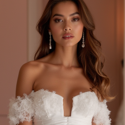 Boho White A-Line Bridal Gown with Lace Sleeves and Flowing Chiffon Skirt