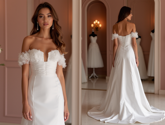 Boho White A-Line Bridal Gown with Lace Sleeves and Flowing Chiffon Skirt