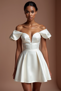 Vintage-Inspired White Mini Short Wedding Dress with a Fitted Waist and Flared Skirt