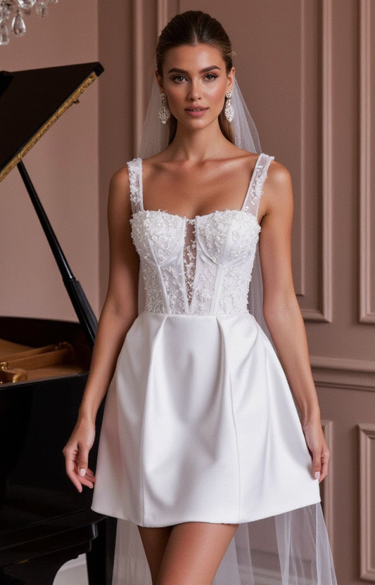 Elegant Short Wedding Dress and Mini Dress with a Flared Skirt for a Playful Touch