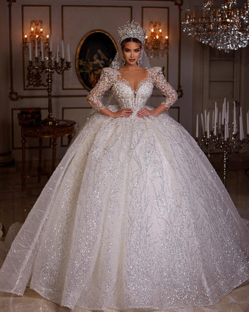 Ball Gown Royal Wedding Dresses Sweetheart Long Sleeve Robe De Mariee Lace Beaded Princess Glitter Vestido De Novia Custom Color