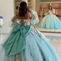 Glittering Quinceanera Dresses With Bow 3D Flower Lace Sleeves Vestidos De 15 Anos Formal Princess Birthday Party