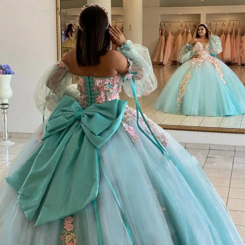Glittering Quinceanera Dresses With Bow 3D Flower Lace Sleeves Vestidos De 15 Anos Formal Princess Birthday Party