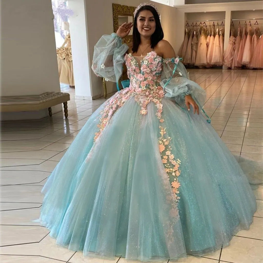 Glittering Quinceanera Dresses With Bow 3D Flower Lace Sleeves Vestidos De 15 Anos Formal Princess Birthday Party