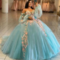 Glittering Quinceanera Dresses With Bow 3D Flower Lace Sleeves Vestidos De 15 Anos Formal Princess Birthday Party