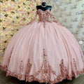 Pink Quinceanera Dresses Rose Gold Sequin Applique Formal Birthday Party Prom Ball Gown Vestidos De 15 Anos Corset