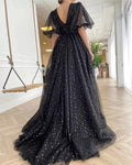Black Starry Tulle Prom Dresses Half Puff Sleeves Wedding Party Dresses Pleats Split Sweep Train Long Prom Gowns Belt