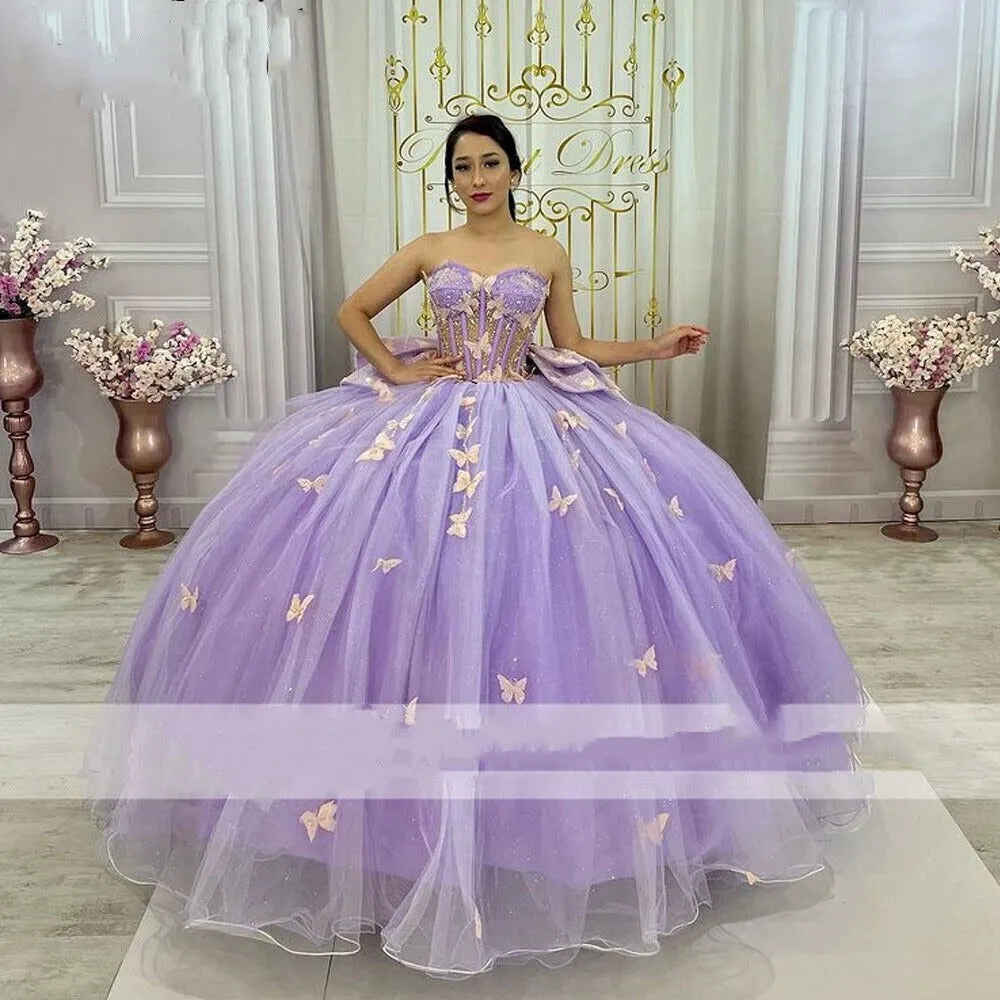 Glittering Lilac Butterfly Quinceanera Dresses With Bow Off-Shoulder Vestidos De 15 Anos Party Prom Princess Dress