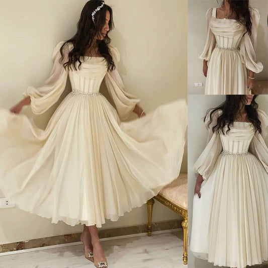 Ivory Long Sleeve Chiffon Short Prom Dresses Pleats Fitted Bones Beaded Formal Party Women Gowns Dubai Evening Dress
