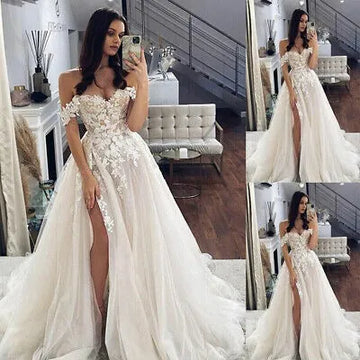 Exquisite Sweetheart Bride Dresses Off Shoulder Appliqued Boho Wedding Gown High Side Slit Formal Robe De Mariée