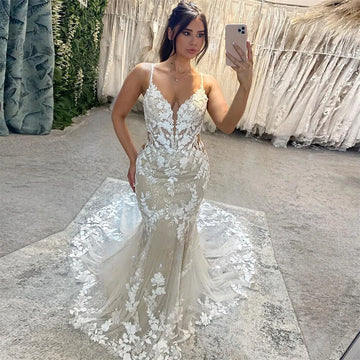 Deep V-Neck Sleeveless Appliques Shiny Tulle White Mermaid Wedding Dress Open Back Court Train Bridal Gown Custom Made White