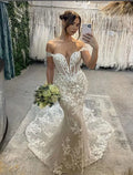 Charming Floral Appliques Lace Mermaid Wedding Dresses Off The Shoulder Illusion Bridal Gowns Robe De Mariée
