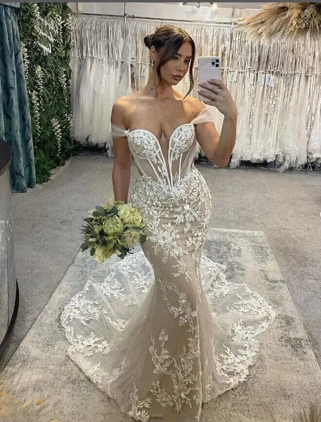 Charming Floral Appliques Lace Mermaid Wedding Dresses Off The Shoulder Illusion Bridal Gowns Robe De Mariée