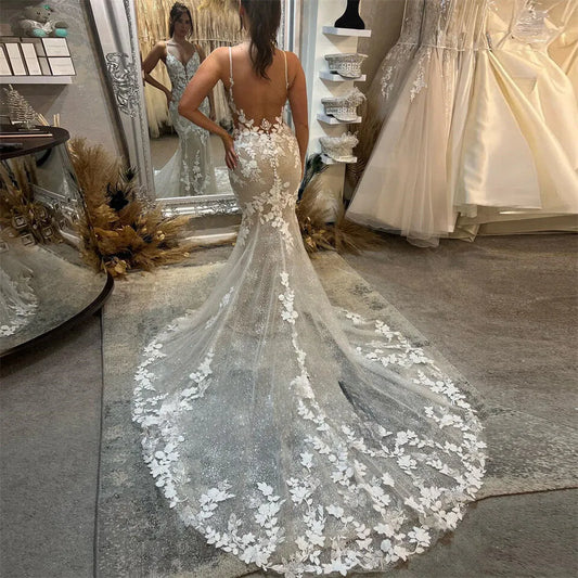 Deep V-Neck Sleeveless Appliques Shiny Tulle White Mermaid Wedding Dress Open Back Court Train Bridal Gown Custom Made