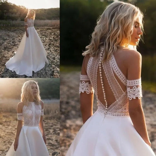 Bohemian Wedding Dress For Women A-line Boho Lace Detachable Sleeves Satin Bridal Gowns Pearls Button Robe De Mariée