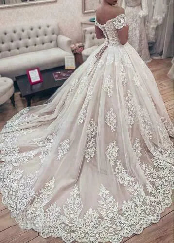 Exquisite Wedding Dress Ball Gown Sweetheart Appliques Off The Shoulder Lace-up For Brides Vestido De Novia