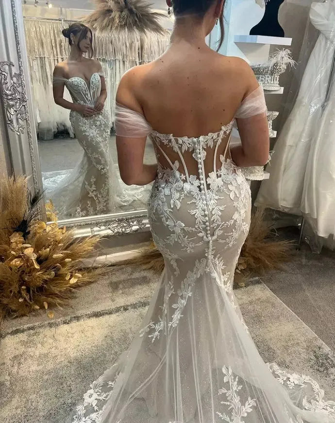 Charming Floral Appliques Lace Mermaid Wedding Dresses Off The Shoulder Illusion Bridal Gowns Robe De Mariée