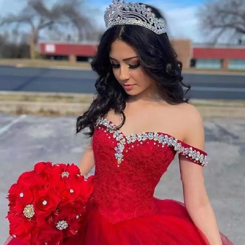 Sweetheart Ball Gown Quinceanera Dresses Vestidos De 15 Anos Fashion Crystal Off-Shoulder Birthday Party Gowns