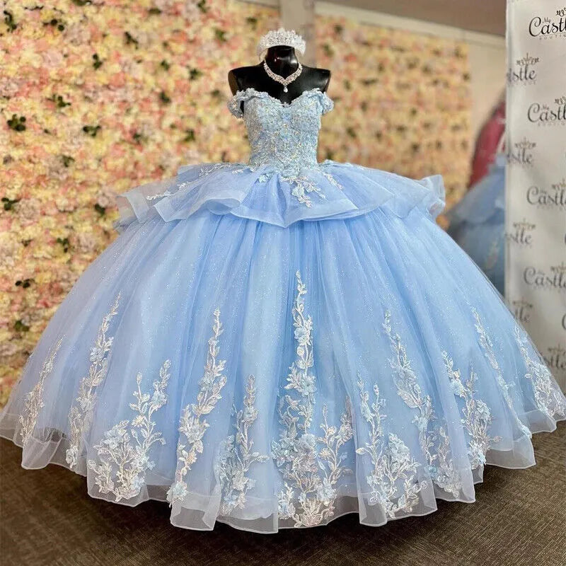 Glittering Blue Quinceanera Dress Ruffles Off The Shoulder Sweetheart Robes De Soirée Vestidos De 15 Anos