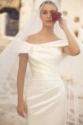 Elegant Off Shoulder Satin Wedding Dresses With Detachable Train Women Mermaid Bridal Gowns Bride Dress