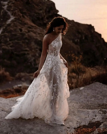 Beach Elegant One Shoulder Wedding Dress For Women Illusion Lace Appliques A Line Simple Bridal Gown Robe De Mariee Ivory