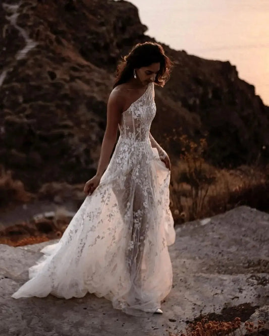 Beach Elegant One Shoulder Wedding Dress For Women Illusion Lace Appliques A Line Simple Bridal Gown Robe De Mariee Ivory