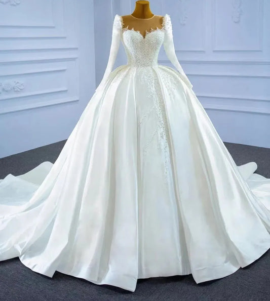 Ball Gown Matte Satin Wedding Dresses Sweetheart Long Sleeve Vestido De Novia Lace Beaded Elegant Robe De Mariee Custom Color