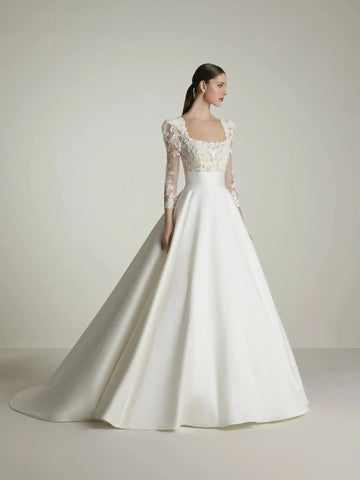 Ballgown Wedding Dress with Square Neckline Vestido De Novia Bow Satin Court Train Sleeves Bridal Gowns Modern Princess White Mermaid Satin
