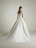 Ballgown Wedding Dress with Square Neckline Vestido De Novia Bow Satin Court Train Sleeves Bridal Gowns Modern Princess White Mermaid Satin
