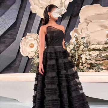 Elegant Black Strapless A-line Prom Dress Luxury Multilayer Princess Edge Curl Robes De Soirée