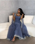Mist Blue Beaded Edge Prom Dresses Long Shawl Wedding Dress Elegant Sleeveless Floor-Length Satin Vestidos De Fiesta