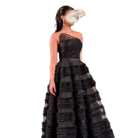 Elegant Black Strapless A-line Prom Dress Luxury Multilayer Princess Edge Curl Robes De Soirée