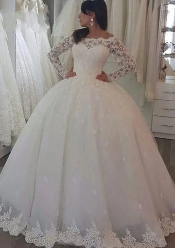 Vintage Lace Appliques Off The Shoulder Wedding Dresses Ball Gown Long Sleeves Wedding Gowns Bride Dress Ivory