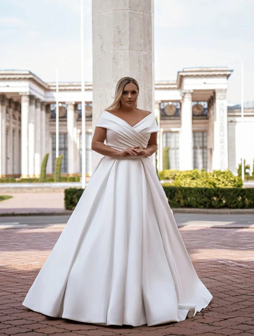 Simple Satin Wedding Dress V-Neck Off the Shoulder Short Sleeves Plus