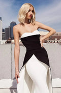 Vintage Black White Mermaid Satin Prom Dress Strapless Pleated Floor Length Sheath Evening Dress vestido de gala