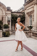 Simple White Satin One Shoulder Mini Wedding Dress Above Knee Back Button A-Line Sleeveless Pleats Vestidos De Novia White