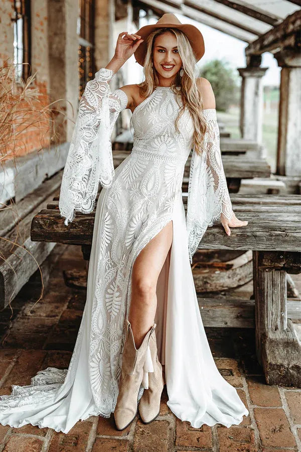 Halter Lace Beach Boho Wedding Dresses Flare Sleeves High Split Summer