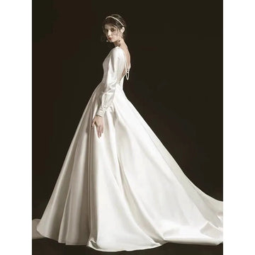 Robe de mariée Sexy Backless Pearls Wedding Dresses For Women V-Neck Long Sleeve A-Line Pure Satin Bridal Vestidos De Novia As Picture