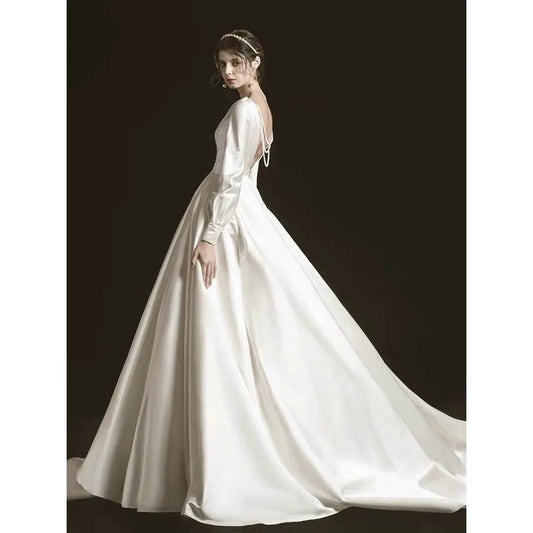 Robe de mariée Sexy Backless Pearls Wedding Dresses For Women V-Neck Long Sleeve A-Line Pure Satin Bridal Vestidos De Novia As Picture